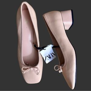 NWT Zara Leather Block Heels Bow Pink Ballet Mary Jane Size 8
